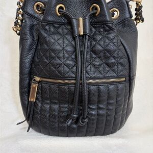 B. Makowsky Black Quilted Leather Drawstring Bucket Bag with Gold Hardware